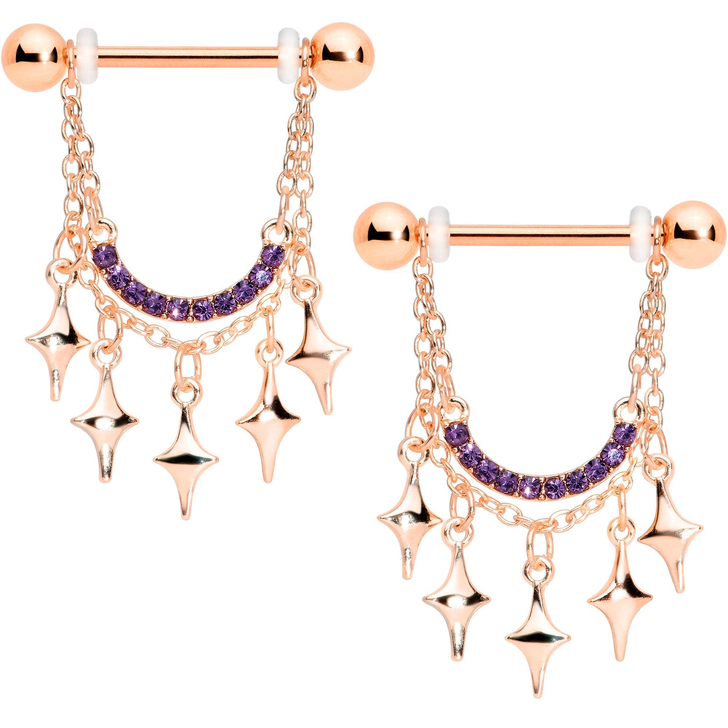 14G 9/16 Purple Gem Rose Gold Tone Drama Dangle Nipple Ring Set