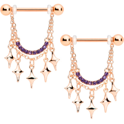 14G 9/16 Purple Gem Rose Gold Tone Drama Dangle Nipple Ring Set