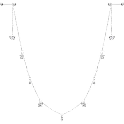 14G 9/16 Clear Gem Butterfly Dangle Nipple Chain