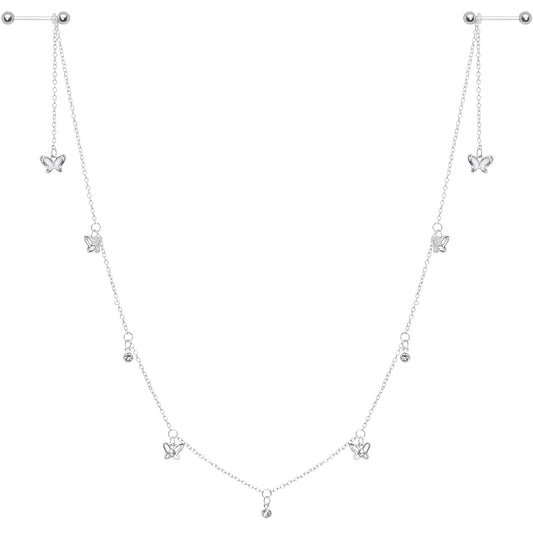14G 9/16 Clear Gem Butterfly Dangle Nipple Chain
