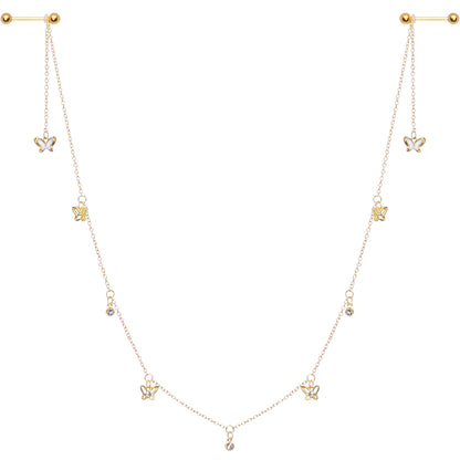 14G 9/16 Clear Gem Gold Tone Butterfly Dangle Nipple Chain