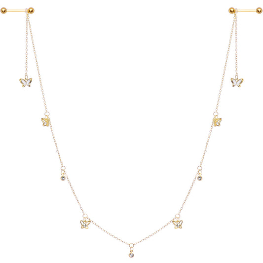 14G 9/16 Clear Gem Gold Tone Butterfly Dangle Nipple Chain