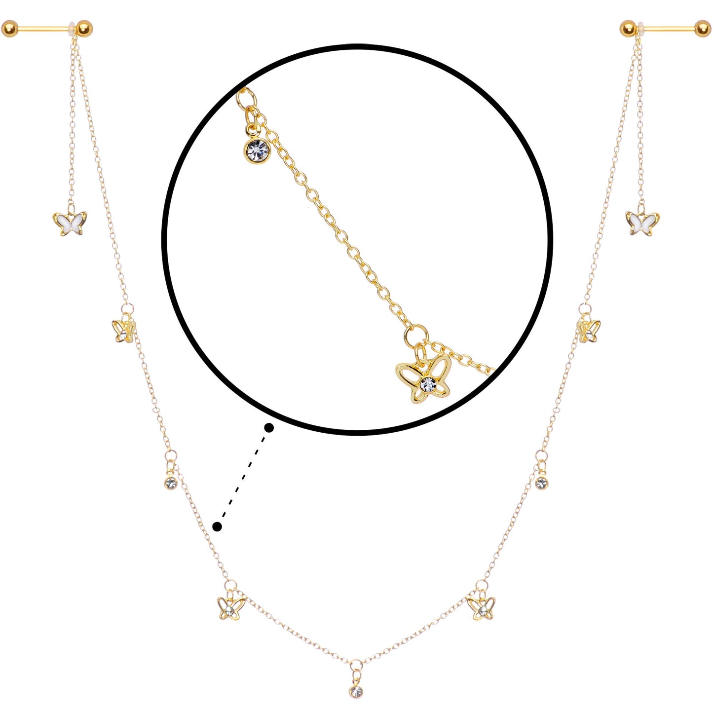 14G 9/16 Clear Gem Gold Tone Butterfly Dangle Nipple Chain