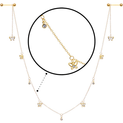14G 9/16 Clear Gem Gold Tone Butterfly Dangle Nipple Chain