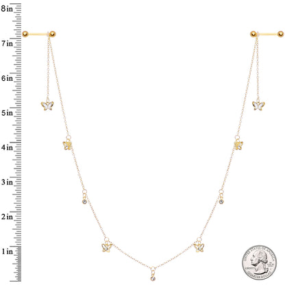 14G 9/16 Clear Gem Gold Tone Butterfly Dangle Nipple Chain
