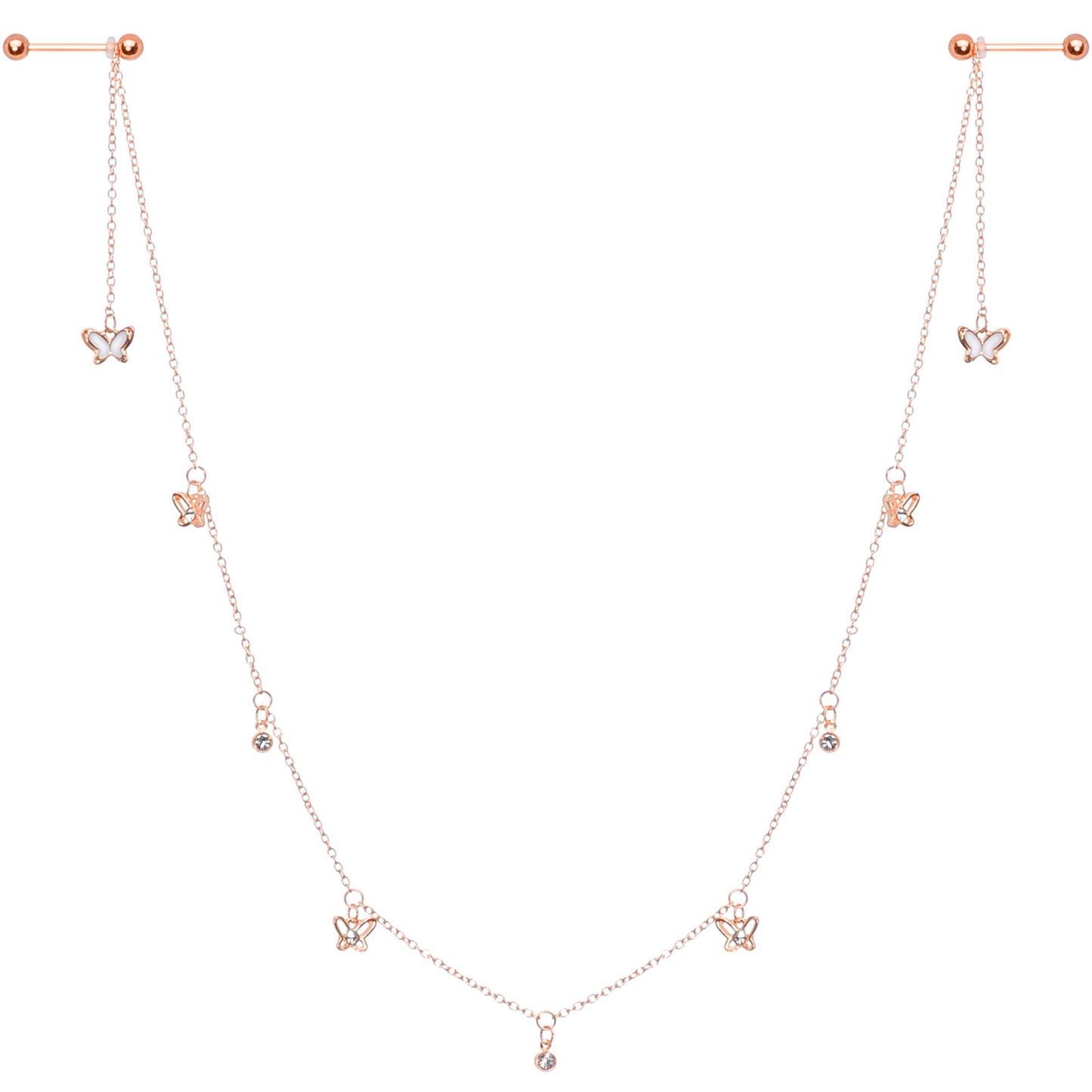 14G 9/16 Clear Gem Rose Gold Tone Butterfly Dangle Nipple Chain