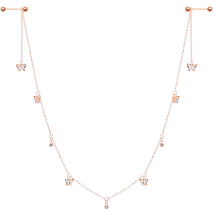 14G 9/16 Clear Gem Rose Gold Tone Butterfly Dangle Nipple Chain