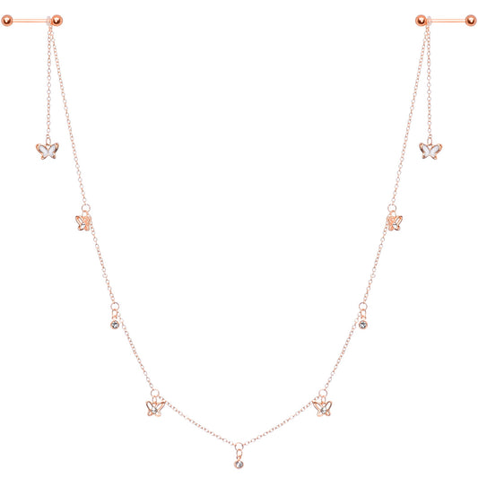 14G 9/16 Clear Gem Rose Gold Tone Butterfly Dangle Nipple Chain