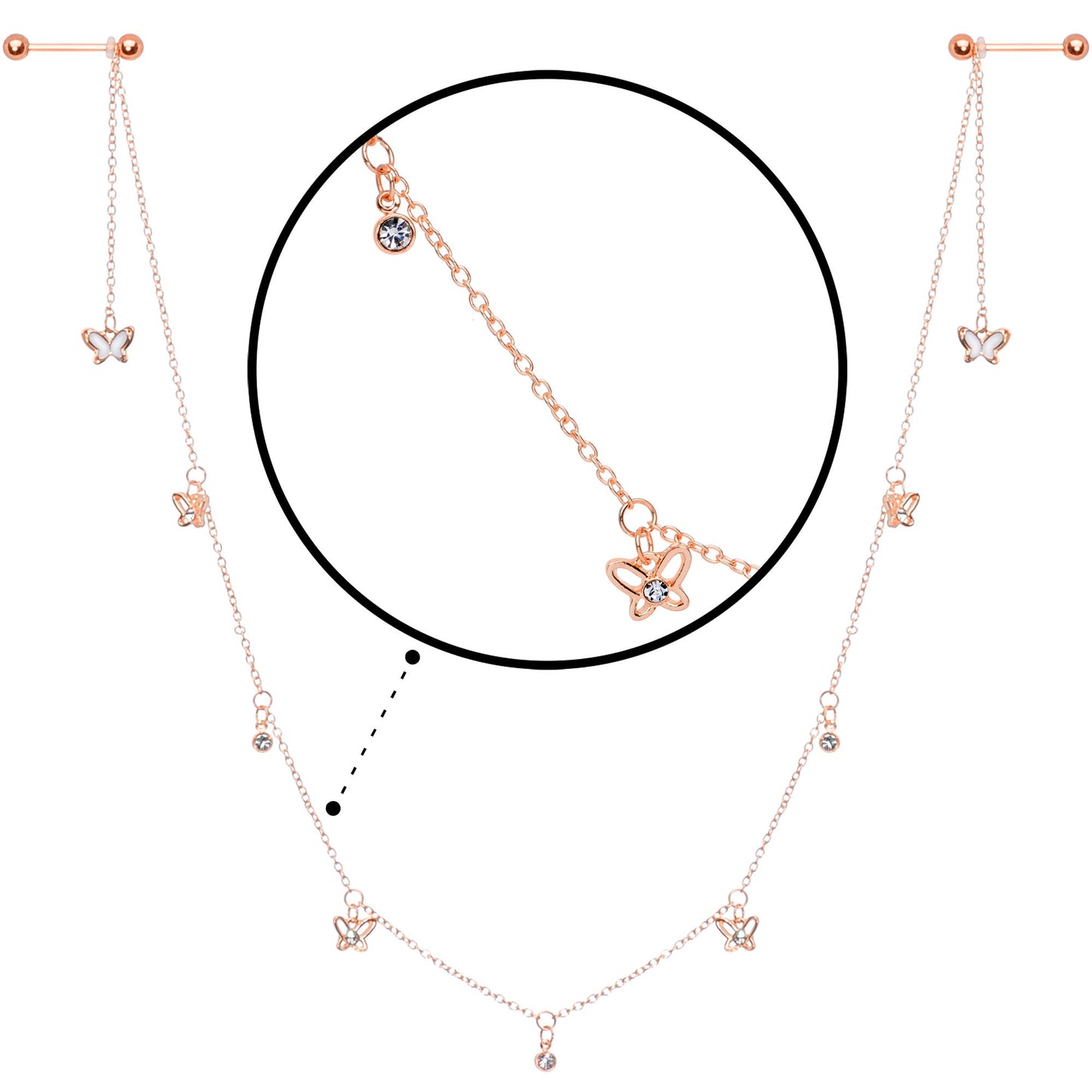 14G 9/16 Clear Gem Rose Gold Tone Butterfly Dangle Nipple Chain