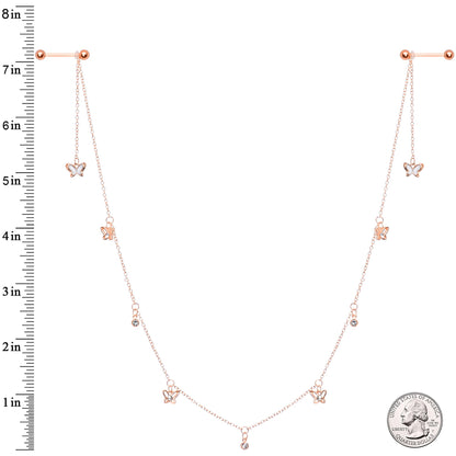 14G 9/16 Clear Gem Rose Gold Tone Butterfly Dangle Nipple Chain