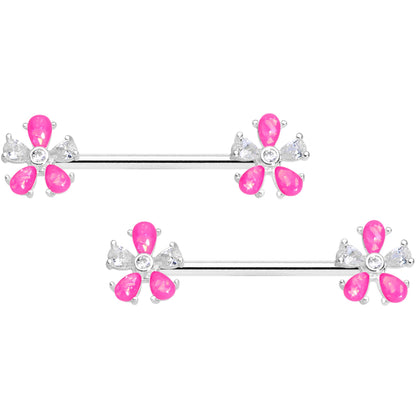 14G 9/16 Pink Faux Opal Flower Barbell Nipple Ring Set