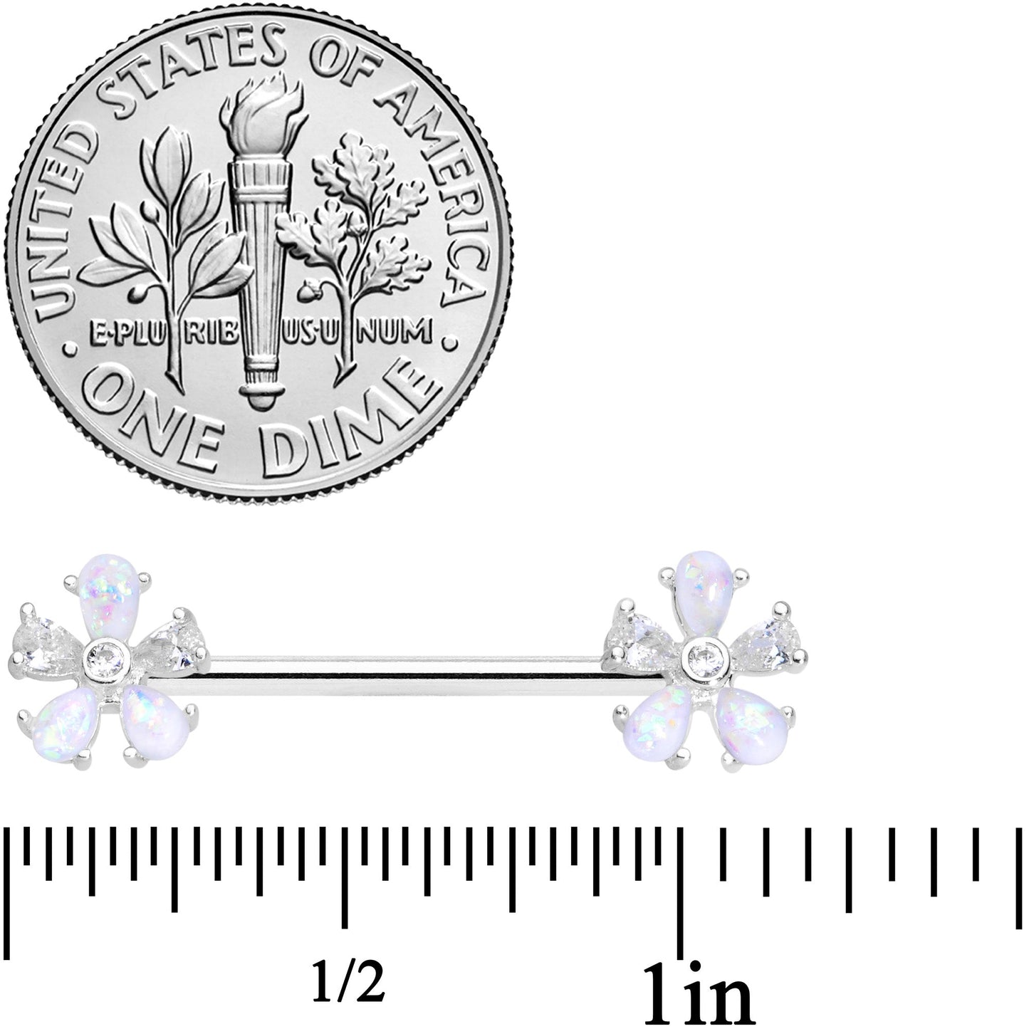 14G 9/16 White Faux Opal Flower Barbell Nipple Ring Set