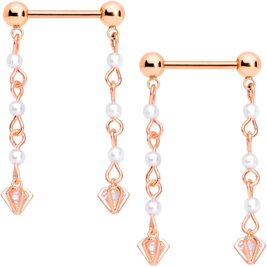 14G 5/8 Clear CZ Gem Rose Gold Tone Orb Dangle Nipple Ring Set