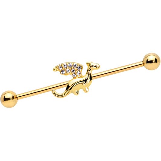 14G Clear Gem Gold Tone Dragon Industrial Barbell 38mm
