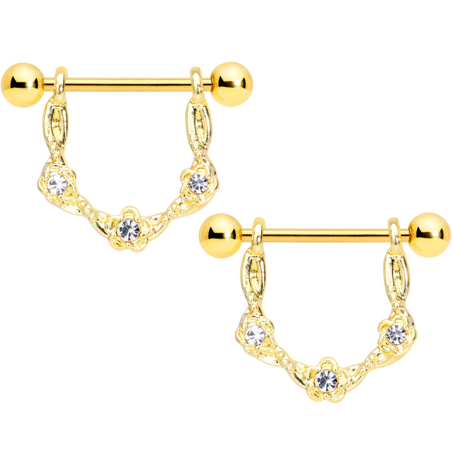 14G 5/8 Clear Gem Gold Tone Flower Dangle Nipple Ring Set