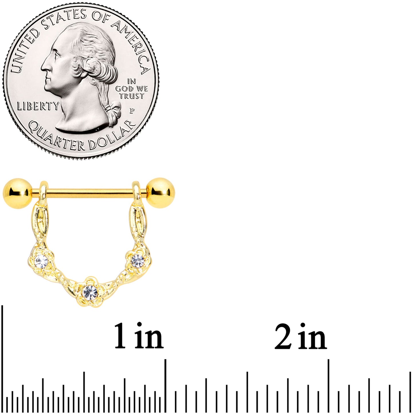 14G 5/8 Clear Gem Gold Tone Flower Dangle Nipple Ring Set