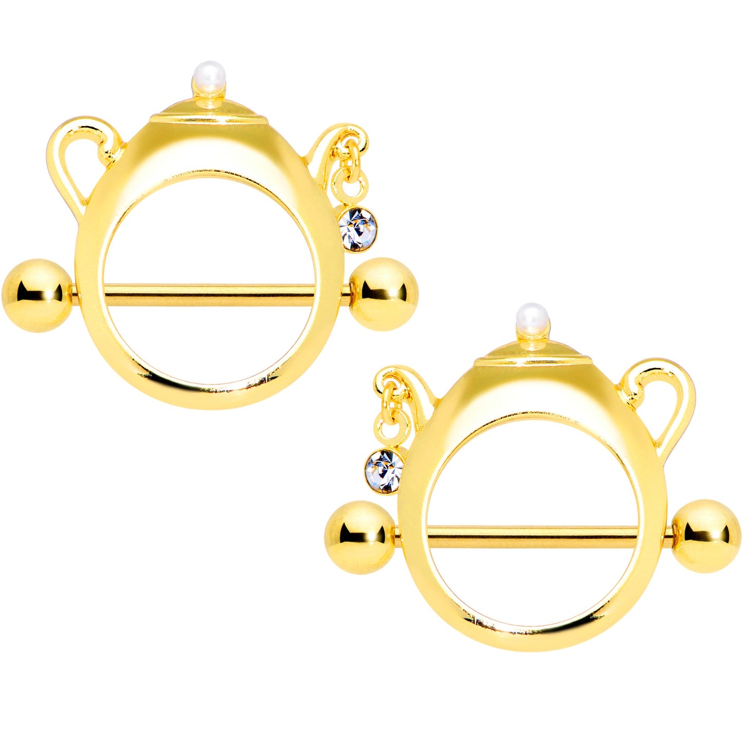 14G 5/8 Clear Gem Gold Tone Teapot Nipple Shield Set