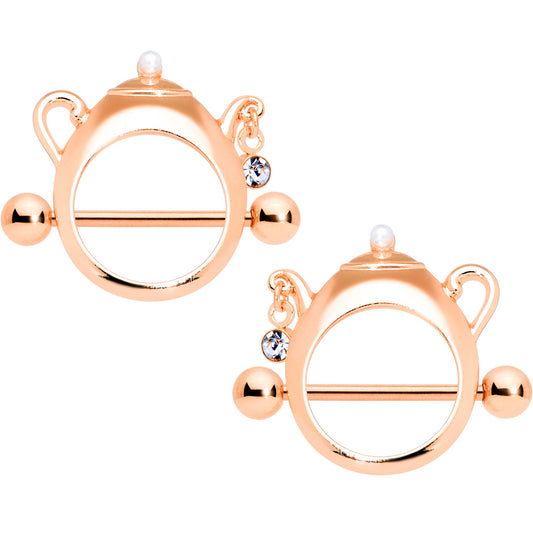 14G 5/8 Clear Gem Rose Gold Tone Teapot Nipple Shield Set
