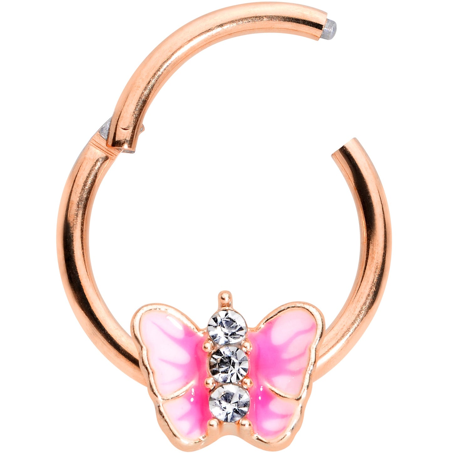 16G 3/8 Clear Gem Rose Gold Tone Pink Butterfly Septum Ring
