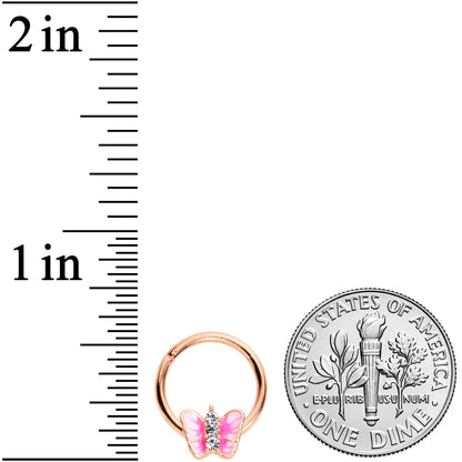 16G 3/8 Clear Gem Rose Gold Tone Pink Butterfly Septum Ring