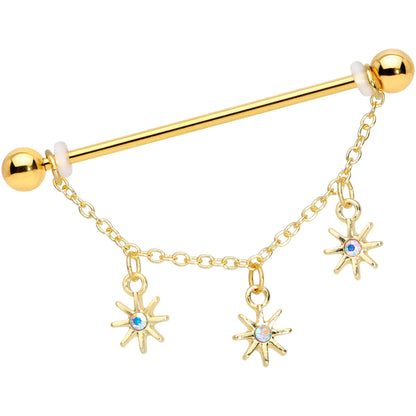 14G Aurora Gem Gold Tone Stars Dangle Industrial Barbell 38mm