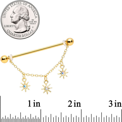 14G Aurora Gem Gold Tone Stars Dangle Industrial Barbell 38mm