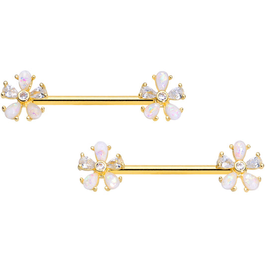 14G 9/16 White Faux Opal Gold Tone Flower Barbell Nipple Ring Set