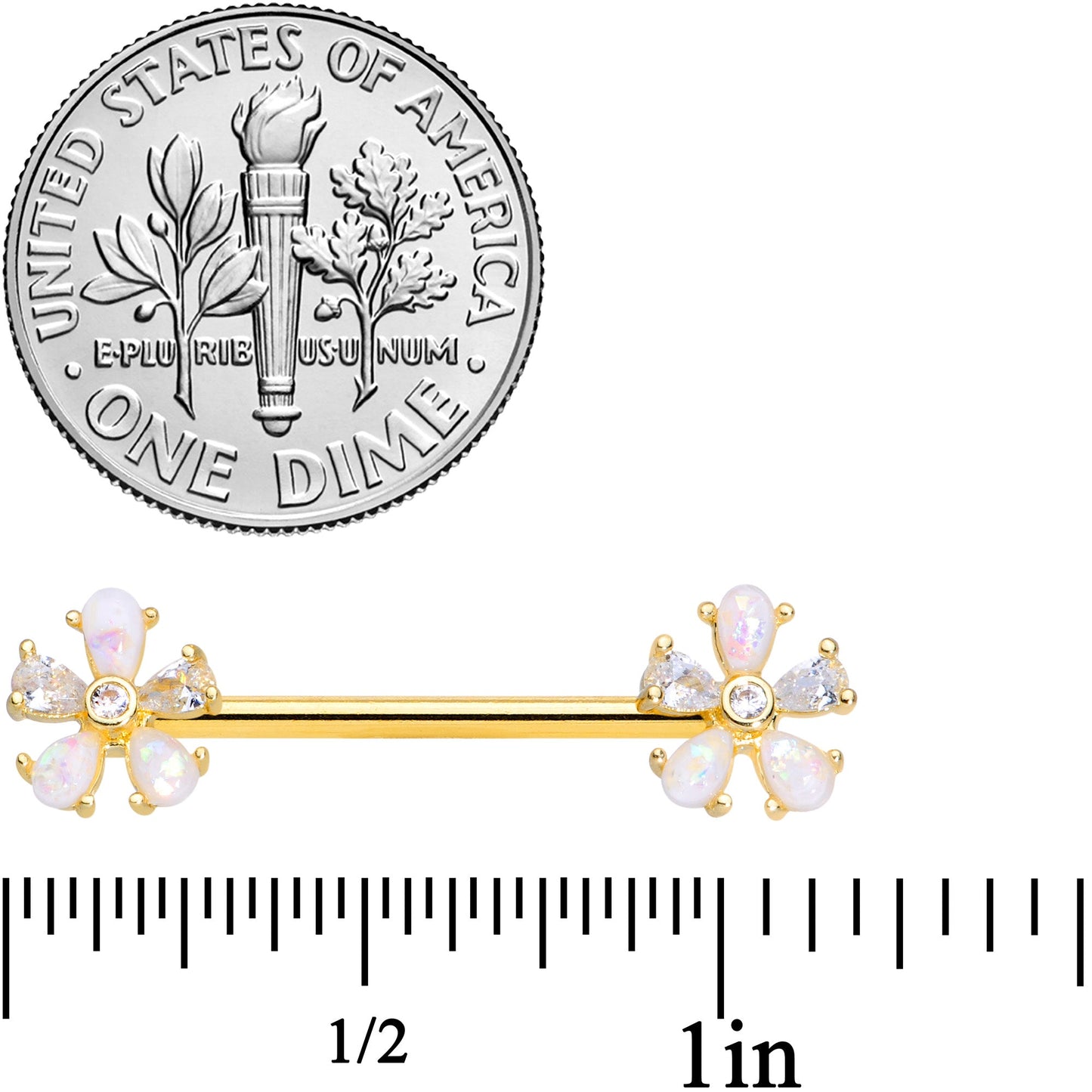 14G 9/16 White Faux Opal Gold Tone Flower Barbell Nipple Ring Set