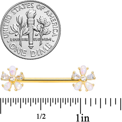 14G 9/16 White Faux Opal Gold Tone Flower Barbell Nipple Ring Set