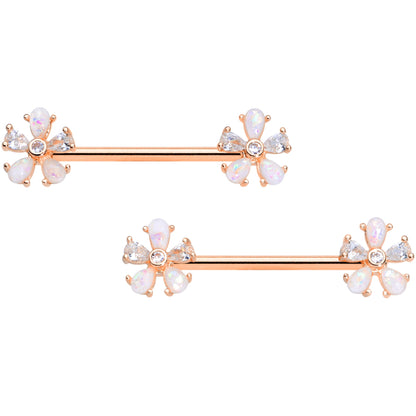 14G 9/16 White Faux Opal Rose Gold Tone Flower Barbell Nipple Set