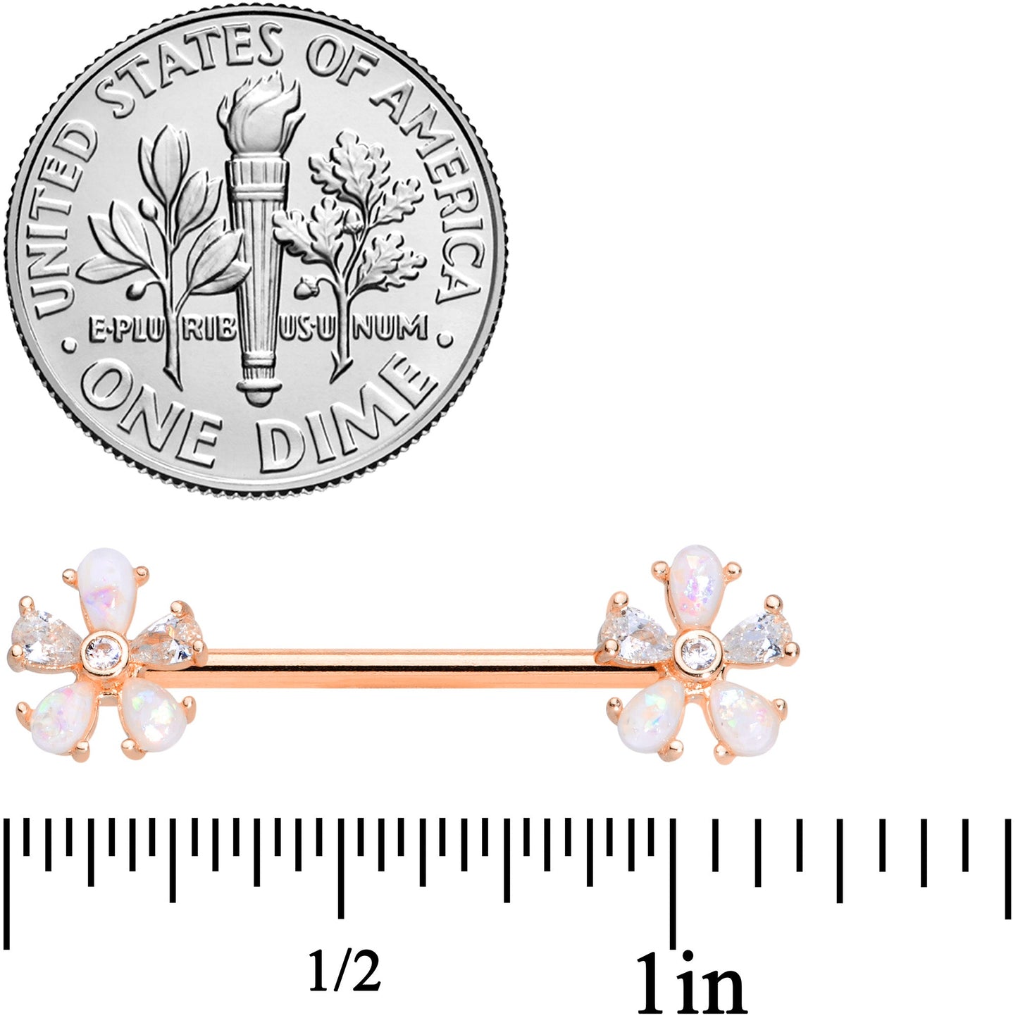 14G 9/16 White Faux Opal Rose Gold Tone Flower Barbell Nipple Set