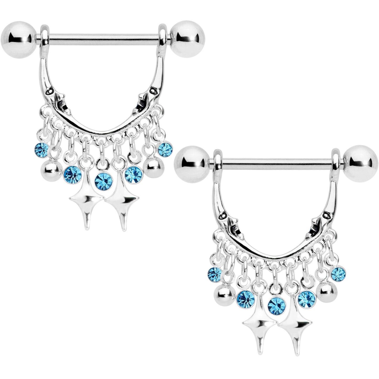 14G 5/8 Aqua Gem Moons Dangle Nipple Ring Set