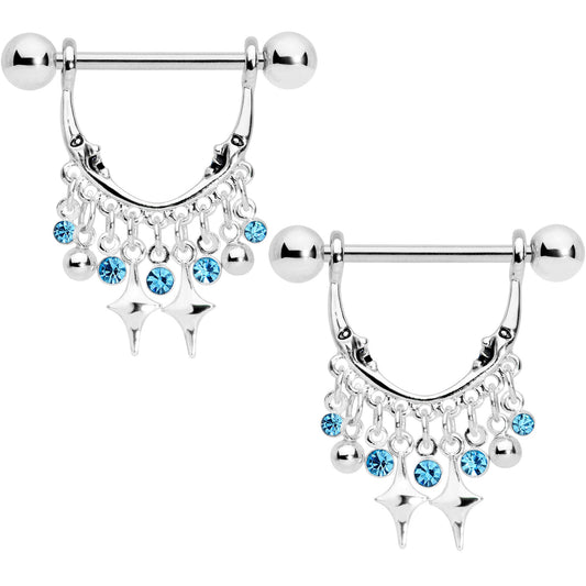 14G 5/8 Aqua Gem Moons Dangle Nipple Ring Set