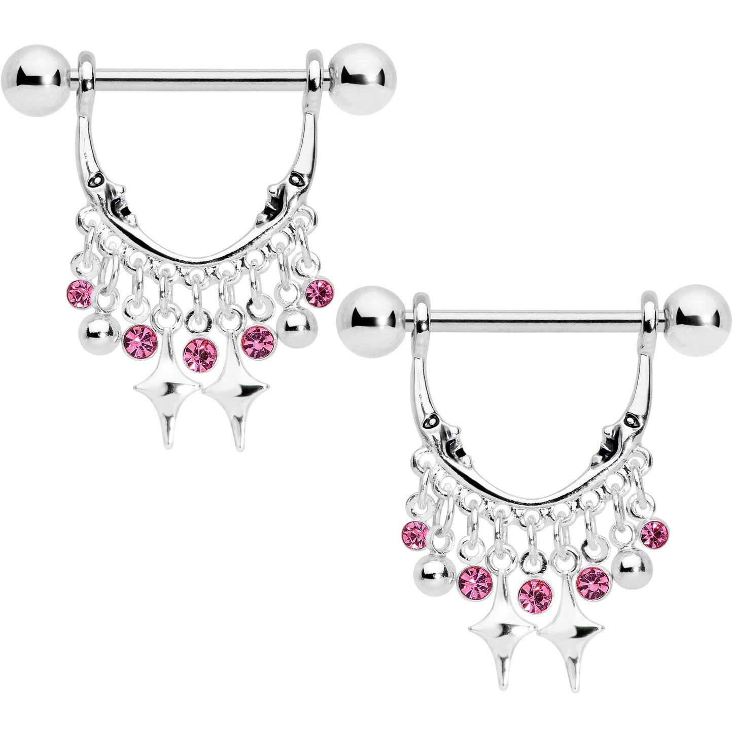 14G 5/8 Pink Gem Moons Dangle Nipple Ring Set