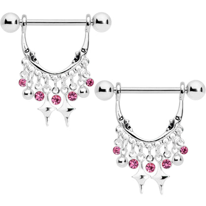 14G 5/8 Pink Gem Moons Dangle Nipple Ring Set