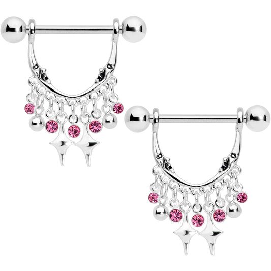 14G 5/8 Pink Gem Moons Dangle Nipple Ring Set