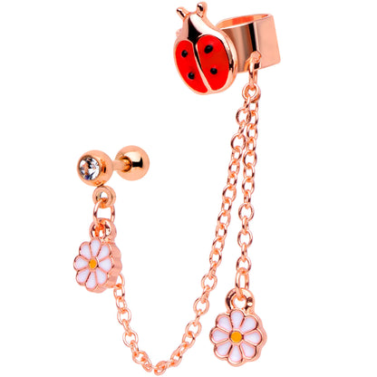 16G Rose Gold Tone Ladybug Flower Left Cuff Chain Cartilage Ring
