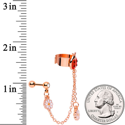 16G Rose Gold Tone Ladybug Flower Left Cuff Chain Cartilage Ring