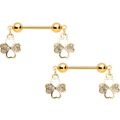 14G 9/16 Clear Gem Gold Tone Shamrock Dangle Nipple Ring Set