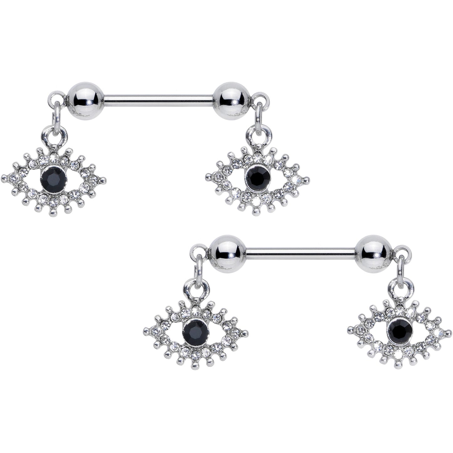 14G 9/16 Clear Black Gem Open Eye Dangle Nipple Ring Set