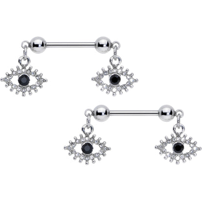14G 9/16 Clear Black Gem Open Eye Dangle Nipple Ring Set