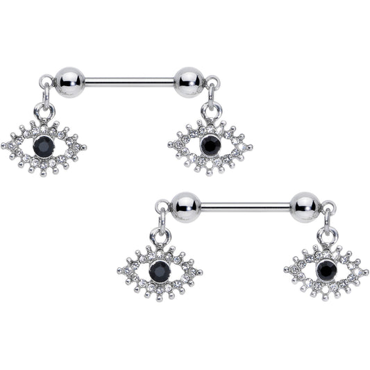 14G 9/16 Clear Black Gem Open Eye Dangle Nipple Ring Set