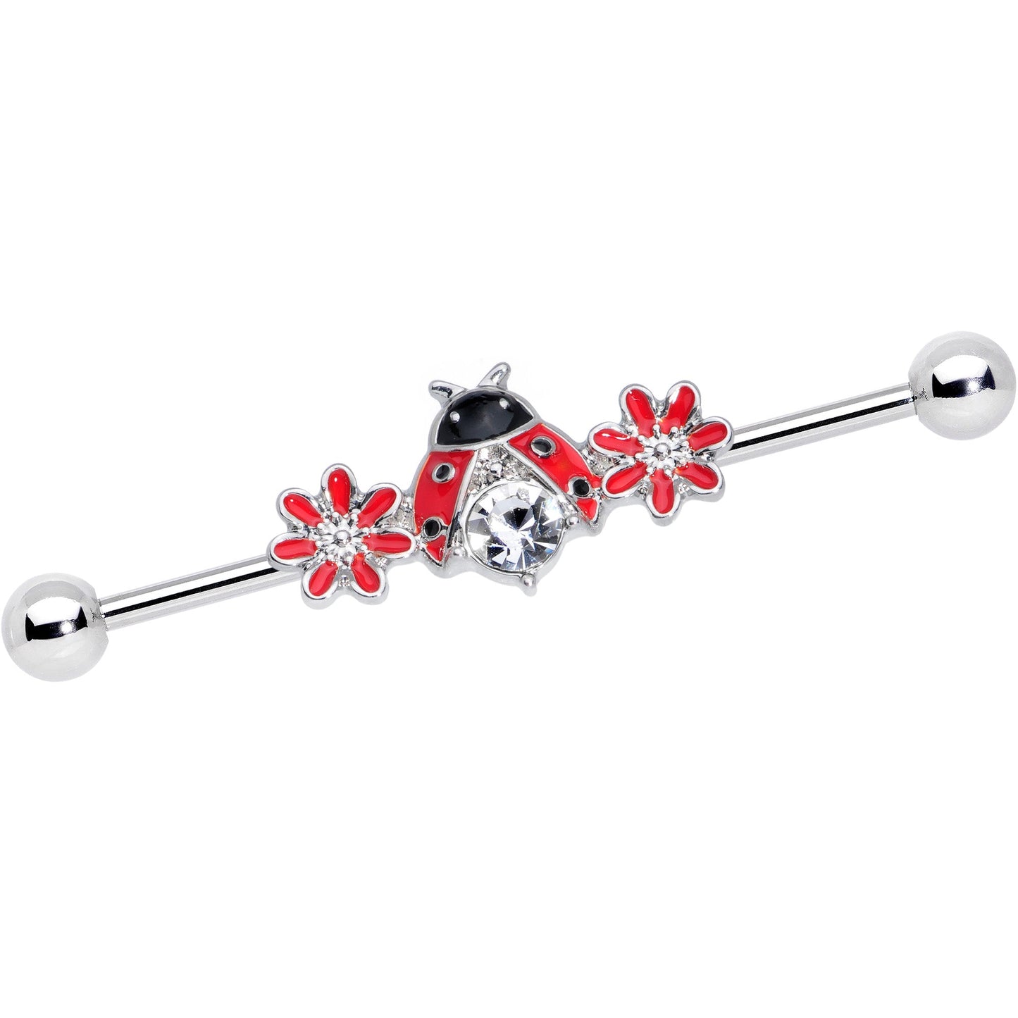 14G Clear Gem Red Flowers Ladybug Industrial Barbell 38mm