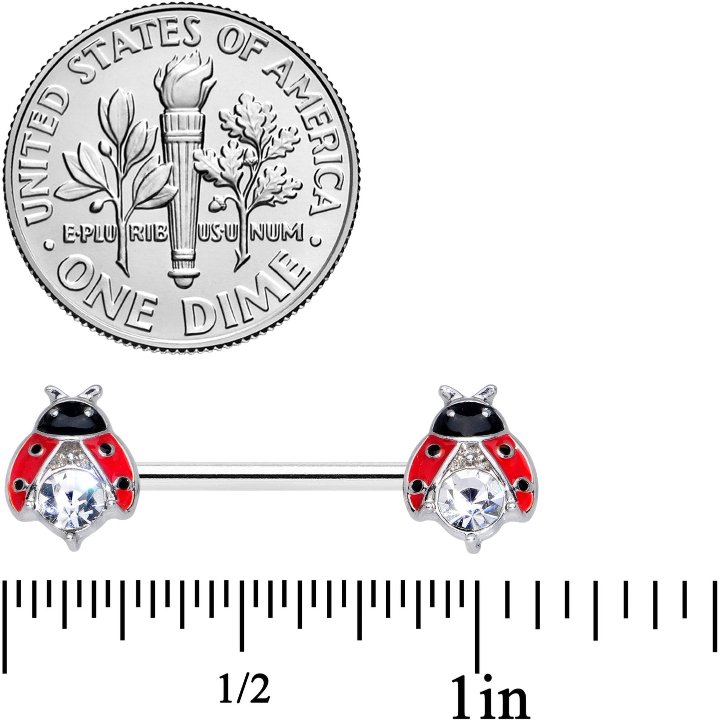 14G 9/16 Clear Gem Red Black Ladybug Barbell Nipple Ring Set