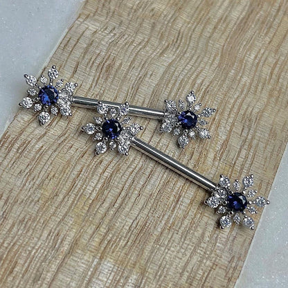 14G 9/16 Blue CZ Gem Snowflake Christmas Barbell Nipple Ring Set