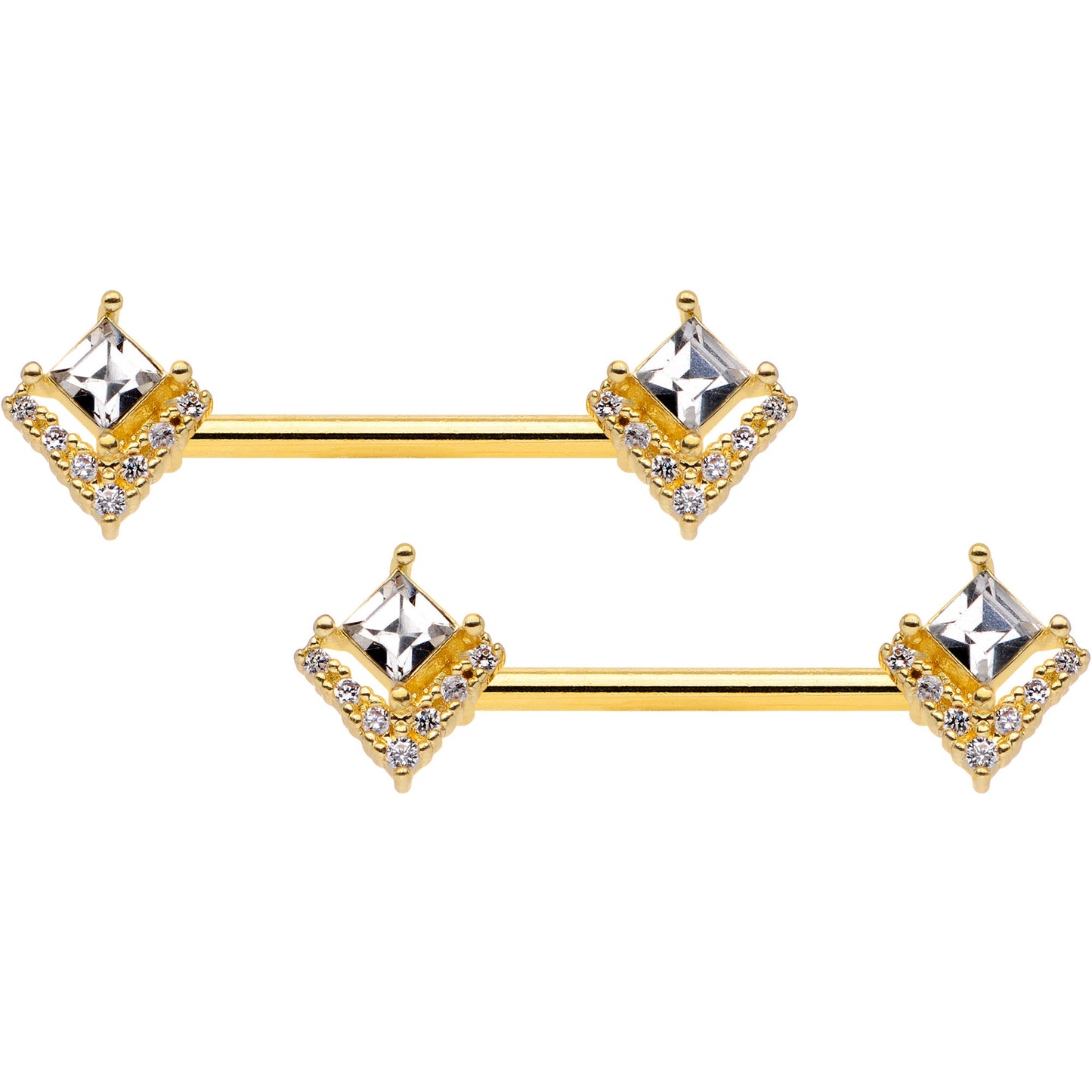 14G 9/16 Clear CZ Gem Gold Tone Chevron Barbell Nipple Ring Set