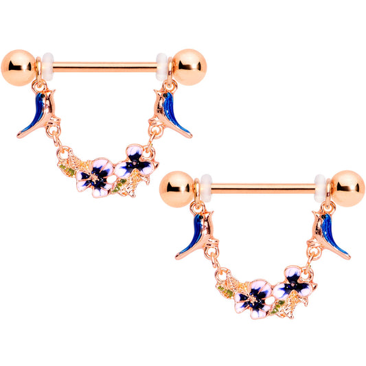 14G 9/16 Rose Gold Tone Bluebird Flower Dangle Nipple Ring Set