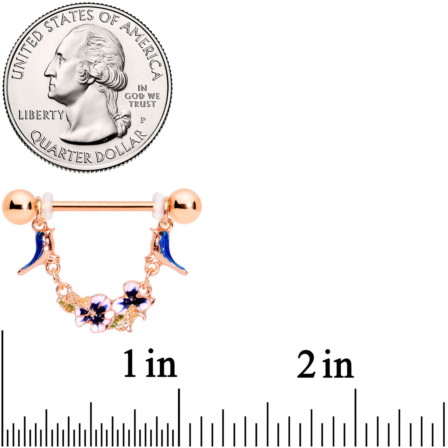 14G 9/16 Rose Gold Tone Bluebird Flower Dangle Nipple Ring Set