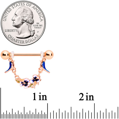 14G 9/16 Rose Gold Tone Bluebird Flower Dangle Nipple Ring Set