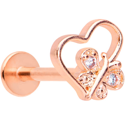 16G 5/16 Clear CZ Gem Rose Gold Tone Heart Butterfly Labret